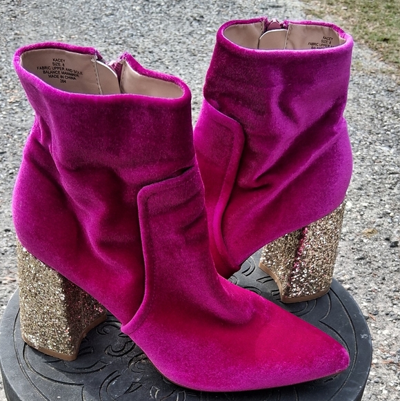Betsey Johnson Shoes - Betsey Johnson Fuchsia Velvet Ankle Boots with Gold Glitter Block Heels